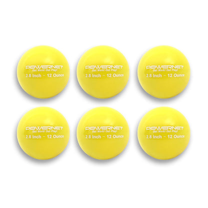 Six PowerNet 2.8" Weighted Hitting and Batting Training Balls (12 oz), arranged in two rows of three, each featuring the PowerNet logo and "Get Wired. Get Play!" slogan—ideal for strength training drills.