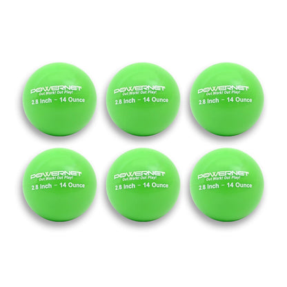 Six PowerNet 2.8" Weighted Hitting and Batting Training Balls (6 Pack, 14 oz each) are shown in two rows of three, labeled “2.8 Inch – 14 Ounce” in white—ideal for baseball training and strength drills.