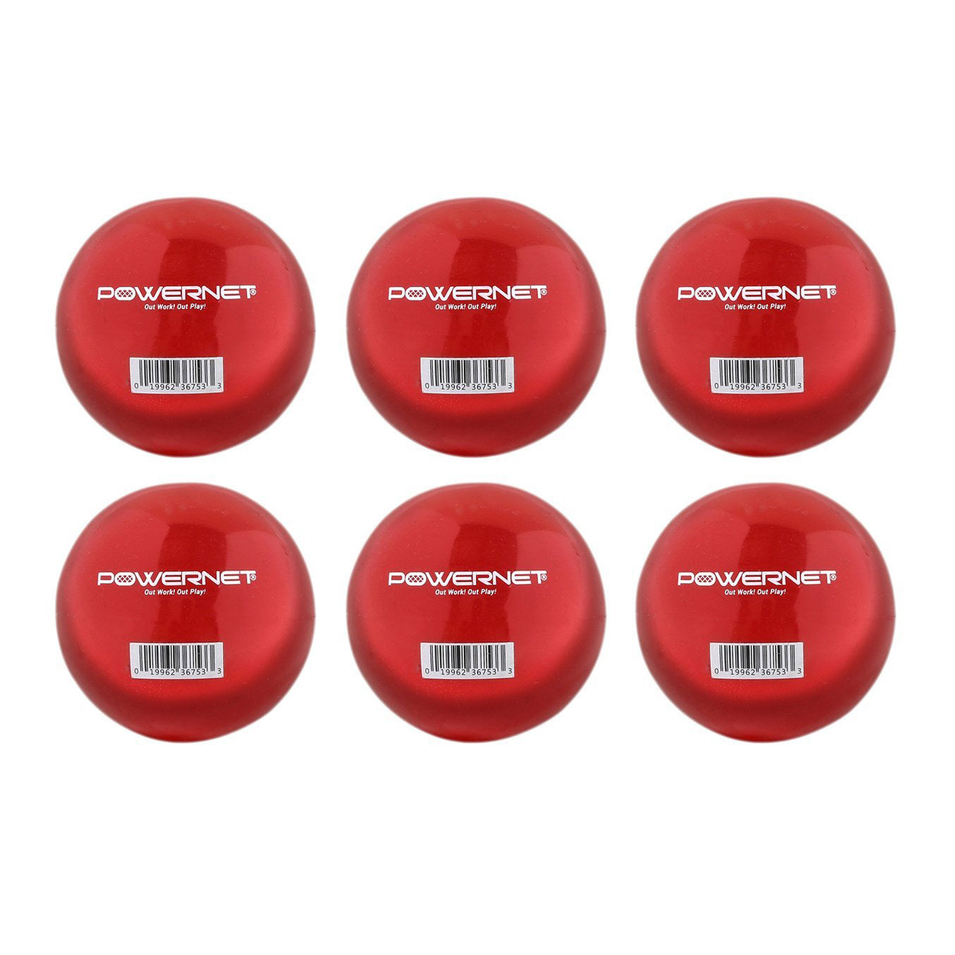 Six PowerNet 2.8" Weighted Hitting and Batting Training Balls (6 Pack) are arranged in two rows of three, each displaying the PowerNet logo and a barcode on a white background—ideal for strength drills or baseball training.
