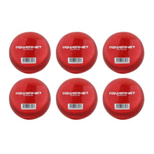Six PowerNet 3.2" Weighted Hitting and Batting Training Balls (6 Pack, model 1004L) are arranged in two rows of three, each displaying the PowerNet logo and a barcode—perfect for building batting power and arm strength.