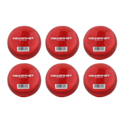 Six PowerNet 3.2" Weighted Hitting and Batting Training Balls (6 Pack, model 1004L) are arranged in two rows of three, each displaying the PowerNet logo and a barcode—perfect for building batting power and arm strength.
