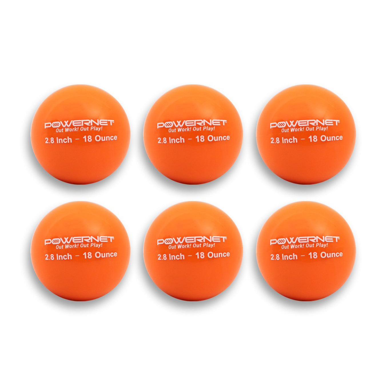 Six PowerNet 2.8" Weighted Hitting and Batting Training Balls (6 Pack) are arranged in two rows of three. Each bright orange ball is ideal for strength drills and baseball training, featuring the PowerNet logo in white text.