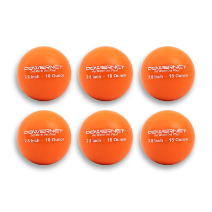 Six PowerNet 2.8" Weighted Hitting and Batting Training Balls (6 Pack) are arranged in two rows of three. Each bright orange ball is ideal for strength drills and baseball training, featuring the PowerNet logo in white text.