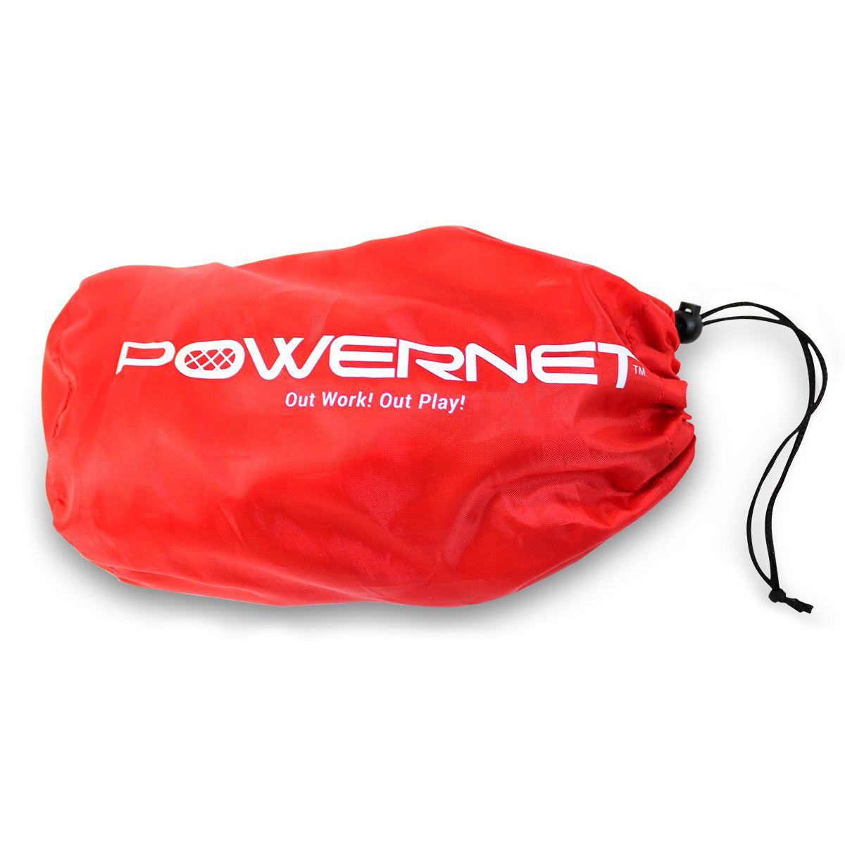 Carry your PowerNet 2.8" Weighted Hitting and Batting Progressive Training Balls (9 Pack) in this red drawstring bag with a white PowerNet logo and “Out Work! Out Play!” slogan. The black drawstring keeps your baseball training gear secure.