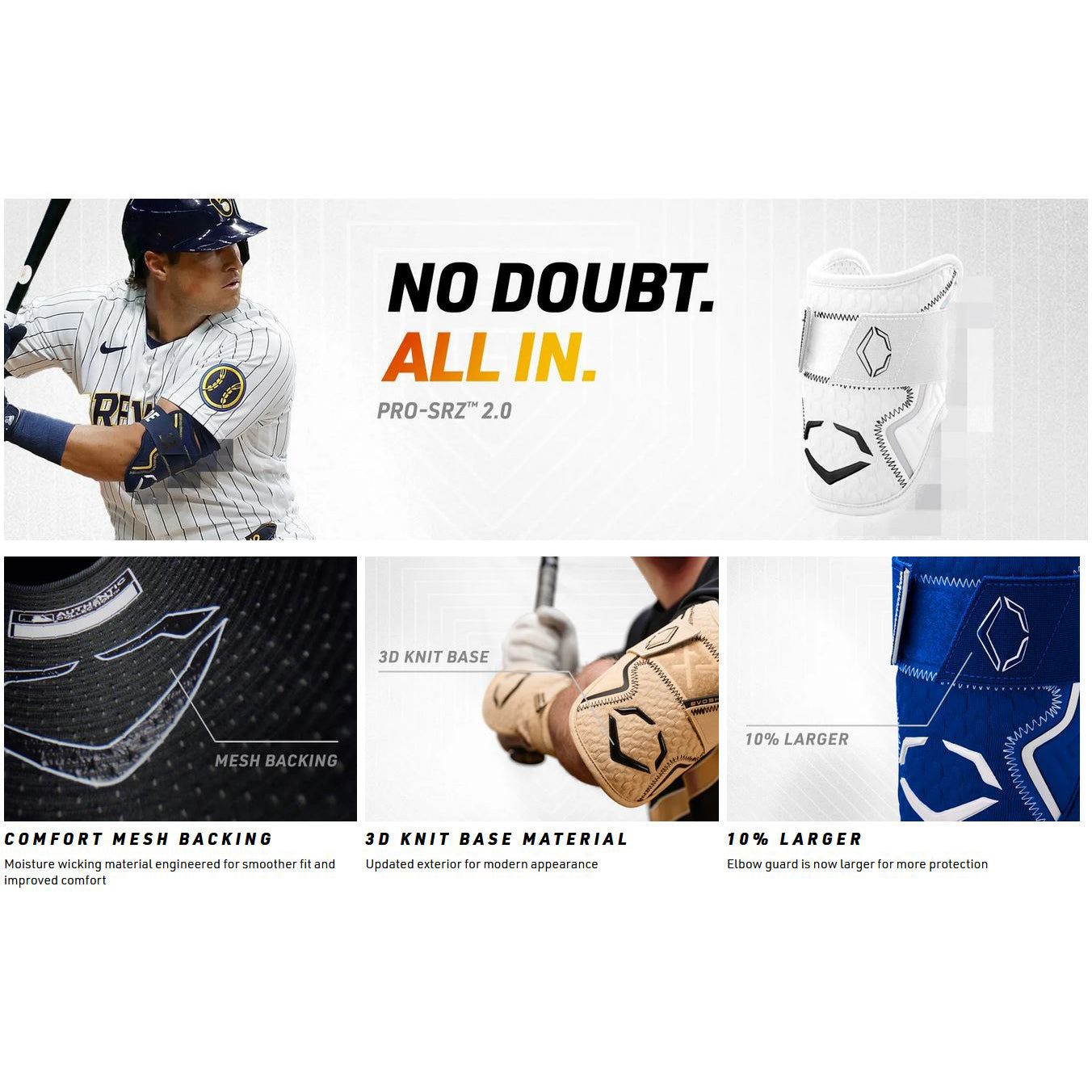 A baseball player swings while wearing the EvoShield PRO-SRZ 2.0 Batter's Elbow Guard (WB572600), featuring comfort mesh backing, 3D knit material, Gel-to-Shell Technology, EvoShield branding, and a 10% larger size for extra protection.