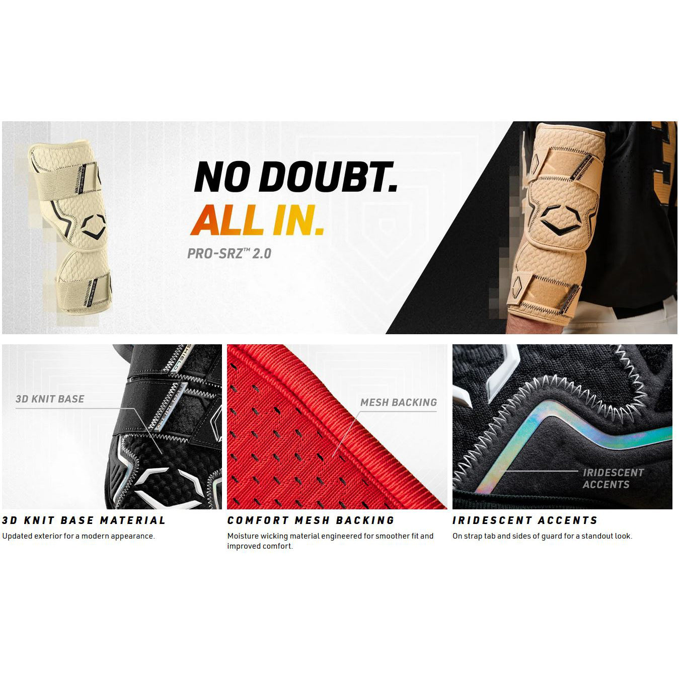 A promo image of the EvoShield PRO-SRZ 2.0 Batter's Two Piece Elbow Guard (WB5726701OS) spotlights padded protection, knit and mesh fabric, iridescent details, a comfort mesh backing, and a modern knit base for enhanced performance.