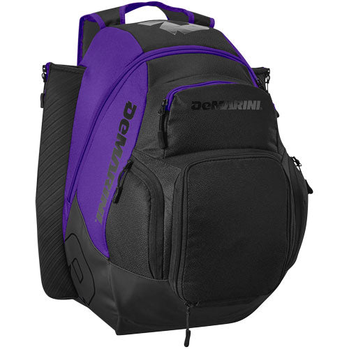 The DeMarini Voodoo OG Backpack (WB57117) in black and purple features multiple zippered compartments, padded shoulder straps, and a reinforced base.
