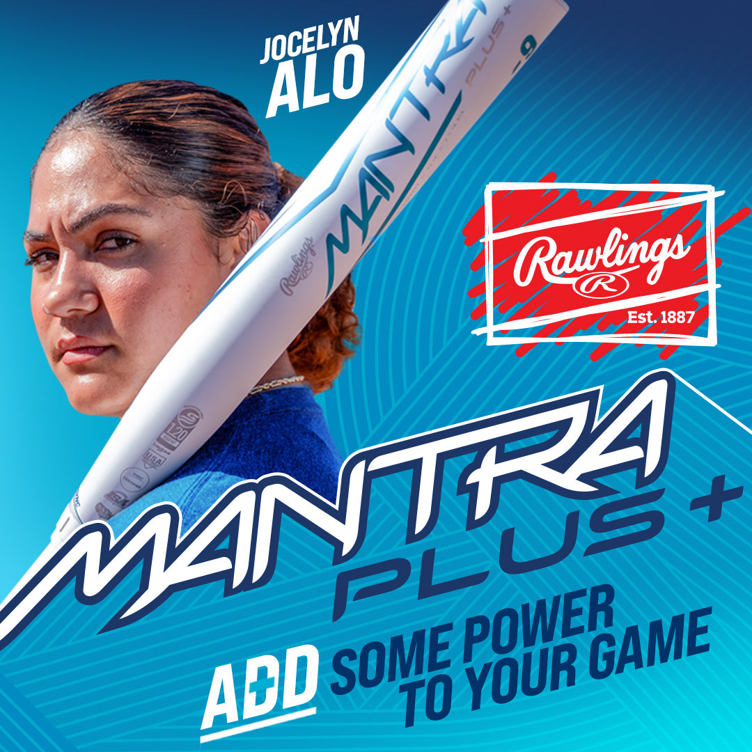 A woman holds the 2023 Rawlings Mantra+ (-10) Fastpitch Softball Bat (RFP3MP10) on her shoulder against a blue background. Bold text reads “MANTRA PLUS+” and “ADD SOME POWER TO YOUR GAME,” with the Rawlings logo and “Jocelyn Alo” above.