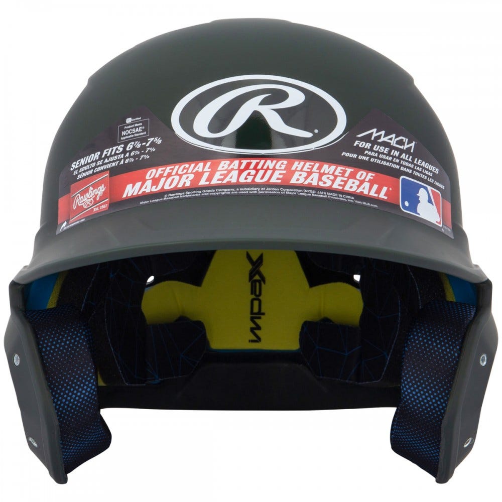 The Rawlings Mach Matte Batting Helmet: MACH, in matte black, showcases interior padding and product stickers, and is recognized as the official batting helmet of Major League Baseball.