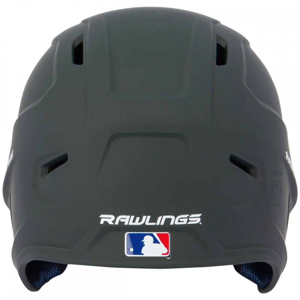 The Rawlings Mach Matte Batting Helmet: MACH is a dark gray helmet with front MLB logo, Rawlings branding above the face opening, and top and side ventilation holes—ideal for baseball helmet enthusiasts.