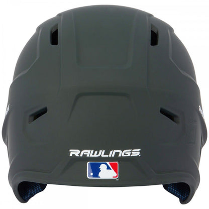 The Rawlings Mach Matte Batting Helmet: MACH is a dark gray helmet with front MLB logo, Rawlings branding above the face opening, and top and side ventilation holes—ideal for baseball helmet enthusiasts.