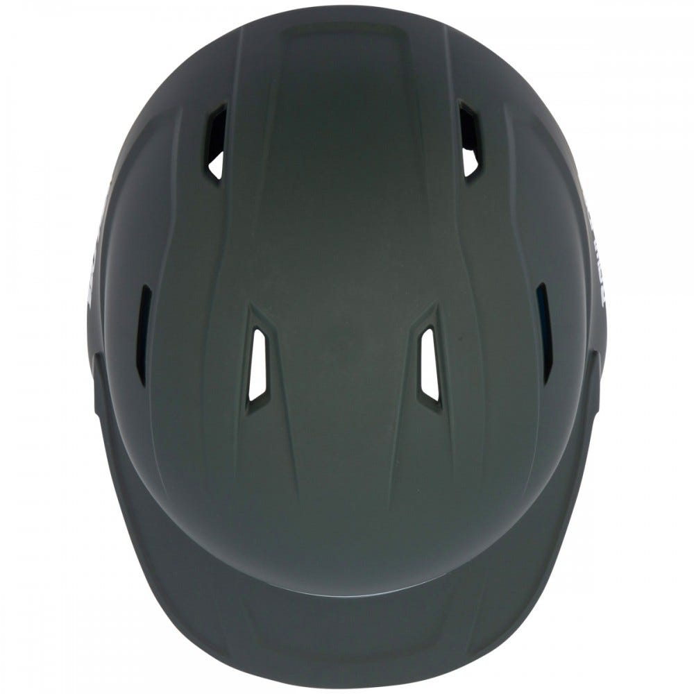 A black Rawlings Mach Matte Batting Helmet: MACH, seen from above, showcases multiple ventilation slits and a sleek matte finish.