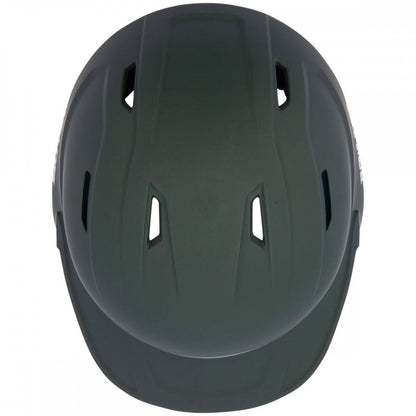 A black Rawlings Mach Matte Batting Helmet: MACH, seen from above, showcases multiple ventilation slits and a sleek matte finish.