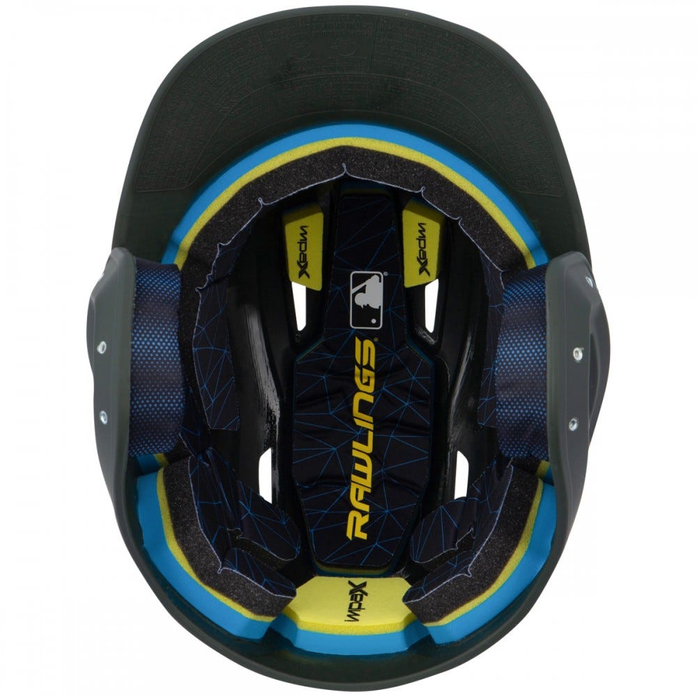 Top-down view of the Rawlings Mach Matte Batting Helmet: MACH by Rawlings, featuring blue and yellow padding, black geometric patterns, and an MLB logo printed inside—a standout batting helmet.