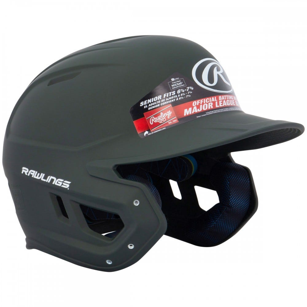 A Rawlings Mach Matte Batting Helmet (MACH) in black with a red and white logo.