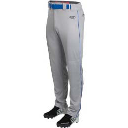 Rawlings Adult Launch Semi-Relaxed Baseball Pants with Piping (LNCHSRP) in gray polyester feature blue side piping, paired with a matching blue and red belt and black cleats with white accents.