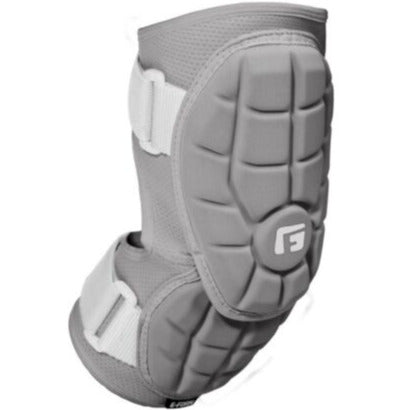 The G-Form Elite 2 Batter's Elbow Guard (EP1410) features gray SmartFlex padding, a segmented shell with front logo, white adjustable straps, and an ergonomic design for superior joint protection. Perfect for sports and active use.