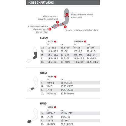 G-Form Pro Wrist Guard (WG0102) size chart shows how to measure arm, elbow, forearm, wrist, and hand. Includes a labeled diagram and S-XL tables in cm/inches for bicep, forearm, wrist guard fit, and hand—ideal for SmartFlex pads.