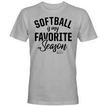 The DSG Apparel NSA Softball is My Favorite Season Short Sleeve Shirt features light gray fabric and bold black “SOFTBALL is my FAVORITE Season” text in mixed fonts—perfect for National Softball Association fans.