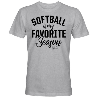 The DSG Apparel NSA Softball is My Favorite Season Short Sleeve Shirt features light gray fabric and bold black “SOFTBALL is my FAVORITE Season” text in mixed fonts—perfect for National Softball Association fans.