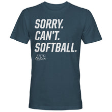 The NSA Sorry Can't Softball Short Sleeve Shirt by DSG Apparel is a dark blue tee with "SORRY. CANT. SOFTBALL." in bold white letters and the National Softball Association (NSA) logo below.