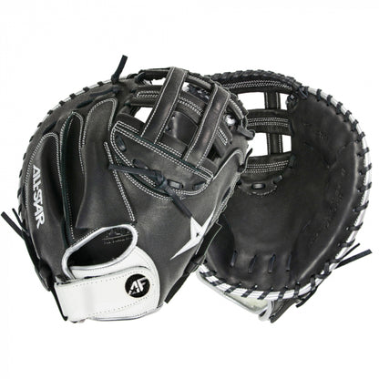 Two All Star AF Elite 33.5" Fastpitch Catcher's Mitts (CMW3001-B) in black and white, shown palm and back views on a white background. Made from Japanese-tanned steer hide with a single hinge design for top performance.