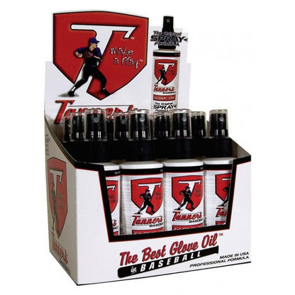 Display box of Markwort Tanner Leather Glove Oil Spray: T100G, a deep-penetrating, alcohol-free glove cleaner with a red logo featuring a baseball player and the slogan "The Best Glove Oil in Baseball" on the front.
