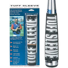 A packaged Markwort Tuff Sleeve Bat Protection Sleeve (TS991) is shown beside a bat wrapped in the black and white sleeve. The packaging highlights vibration reduction and shows someone holding a bat with the sleeve.