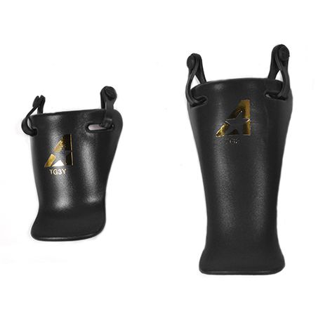 The All Star Catcher's Throat Guard: TG3 features a sleek black design with gold A logos and secure straps—ideal for pairing with your favorite helmet.