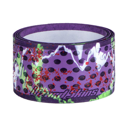 The Lizard Skins Specialty 1.1mm Durasoft Polymer Bat Grip features black dots, red splatter, white streaks, green highlights, and displays the Lizard Skins brand name on the grip.