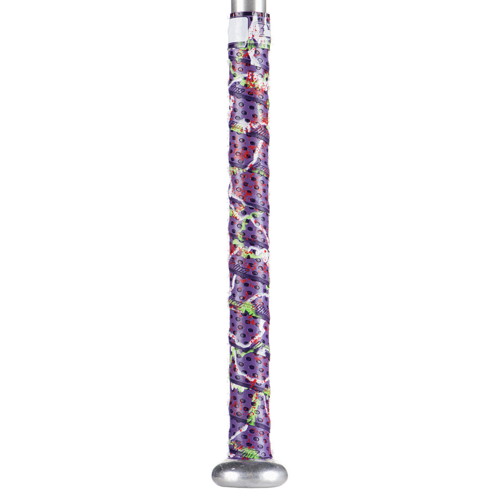 A metal baseball bat features a Lizard Skins Specialty 1.1mm Durasoft Polymer Bat Grip in purple with a colorful, cartoon-style design—eyes and whimsical patterns—covering most of the handle for comfort and style.