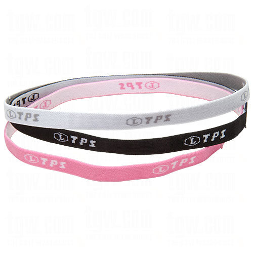 The Louisville Slugger TPS Mini Headbands (Set of 6) feature white, black, and pink elastic French terry bands with the TPS logo and text in white, stylishly looped together against a crisp white background.