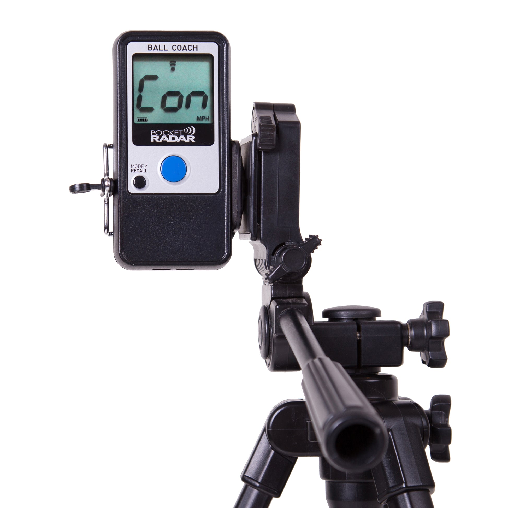 A Pocket Radar Ball Coach Radar: PR1000-BC from Pocket Radar is mounted on a black tripod, displaying "Con" on its screen as a speed training tool.