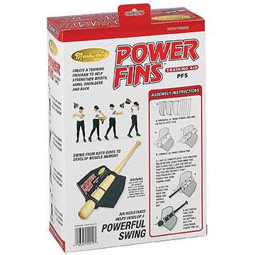 A Markwort Power Fins Resistance Swing/Batting Aid (PF5) box shows athletes practicing swings and lists benefits such as increased swing strength, hand speed, plus stronger wrists, arms, shoulders, and back.
