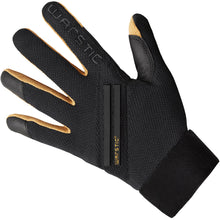 The Warstic Workman3 Youth Batting Gloves (BG-W3) feature a black and tan design with Warstic branding, a textured surface, adjustable wrist strap, and enhanced wrist support for comfort.
