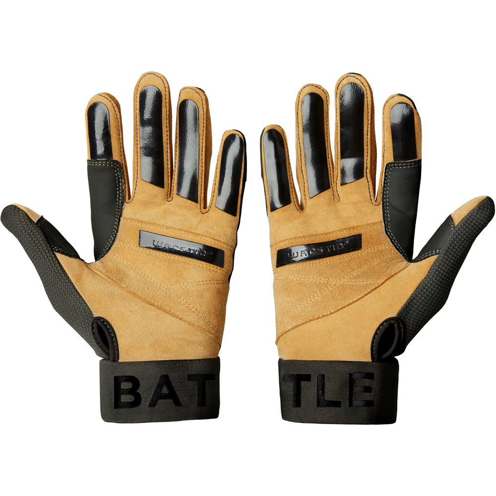 The Warstic Workman3 Youth Batting Gloves (BG-W3) feature a tan and black design, reinforced black fingertips, textured palms for grip, visible stitching, and added wrist support for top performance.