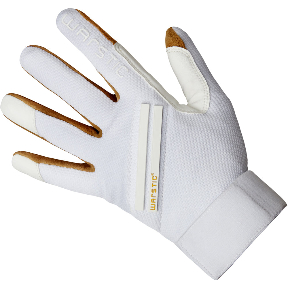 The Warstic Workman3 Adult Batting Gloves (BG-W3) are white with brown inner finger accents, feature textured back fabric, gold WARSTIC branding by the wrist and side, and are designed for wrist support and high performance.