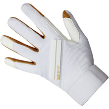 The Warstic Workman3 Youth Batting Gloves: BG-W3 are white with tan accents, a textured wrist support, Velcro strap, and gold-and-white Warstic logo—durable gloves designed for serious young hitters.