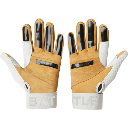 A pair of tan and white Warstic Workman3 Adult Batting Gloves (BG-W3) with black finger sections and "BATTLE" in white across the wrists, shown palms up on a white background, providing excellent wrist support.