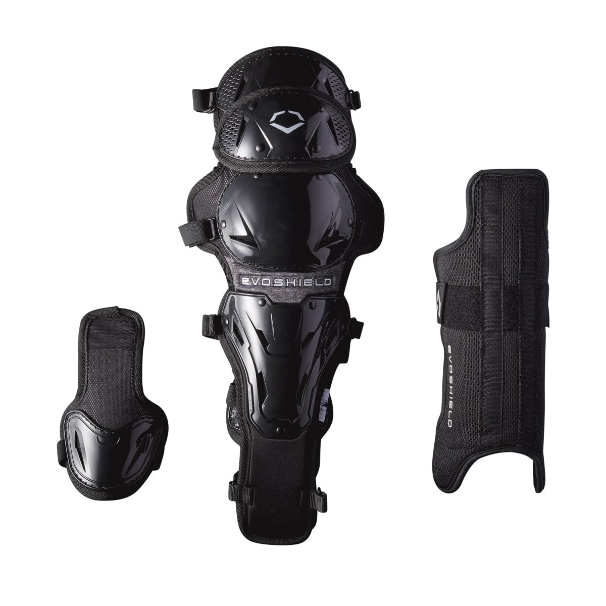 The EvoShield Pro-SRZ Gel-to-Shell™ Catcher's Lower Leg Guards (WB570800/WB571030) provide custom-molded lower leg protection in a black set for catchers.