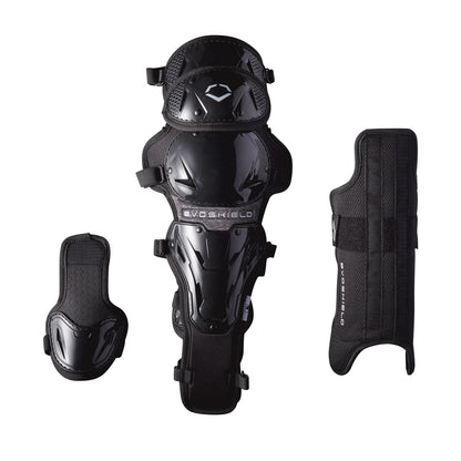 The EvoShield Pro-SRZ Gel-to-Shell™ Catcher's Lower Leg Guards (WB570800/WB571030) provide custom-molded lower leg protection in a black set for catchers.