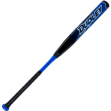 A blue and black 2023 Dudley Doom (-10) Fastpitch Softball Bat (DDFP10) with a black textured grip and "Dudley" in white and blue on the barrel.