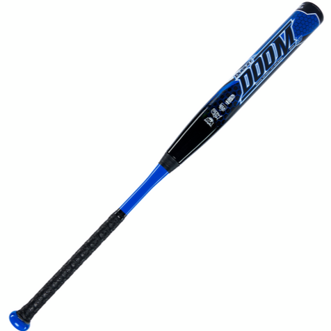 The 2023 Dudley Doom (-10) Fastpitch Softball Bat (DDFP10) by Dudley features a blue and black design, bold blue and white graphics, a black textured grip, and advanced Soft Shell Technology for enhanced performance.