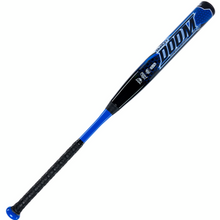 The 2023 Dudley Doom (-10) Fastpitch Softball Bat (DDFP10) by Dudley features a blue and black design, bold blue and white graphics, a black textured grip, and advanced Soft Shell Technology for enhanced performance.
