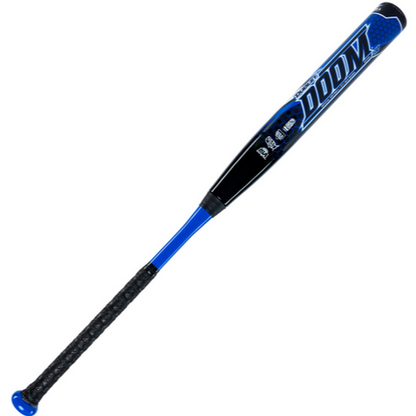 The 2023 Dudley Doom (-10) Fastpitch Softball Bat (DDFP10) by Dudley features a blue and black design, bold blue and white graphics, a black textured grip, and advanced Soft Shell Technology for enhanced performance.