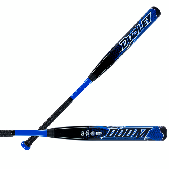 Two blue and black 2023 Dudley Doom (-10) Fastpitch Softball Bats from Dudley are crossed, featuring textured black grips, bold "Dudley" and "DOOM" branding on the barrels, and advanced Soft Shell Technology.
