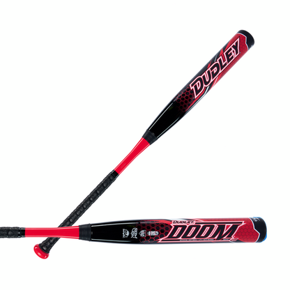 Two 2023 Dudley Doom (-11) Fastpitch Softball Bats (DDFP11), black and red with "DUDLEY DOOM" branding, black grip handles, and red end caps, are displayed side and angled on a white background.