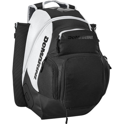 The DeMarini Voodoo OG Backpack (WB57117) is a black and white bag featuring multiple zippered compartments, side pockets, and padded shoulder straps, ideal for sports or travel.