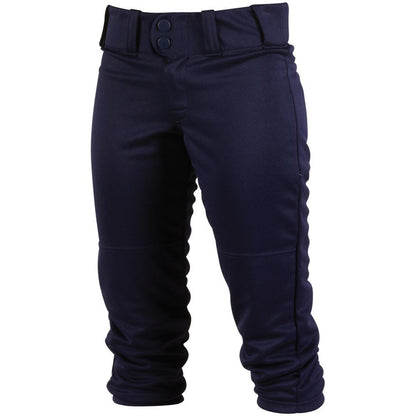 The Worth Girl's FPEX Plush Fastpitch Softball Pants (WB150G) by Worth feature navy blue low-rise style, a belt, belt loops, two buttons, elastic cuffs, and stain release fabric—ideal for softball. Shown on a white background.
