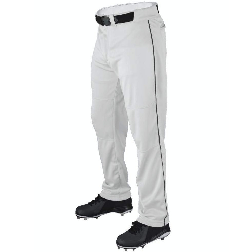 A Wilson Youth P200 Classic Knit Relaxed Fit Baseball Pants with black side piping and elastic waistband, paired with a black belt and black cleats, are displayed on a lower torso mannequin.